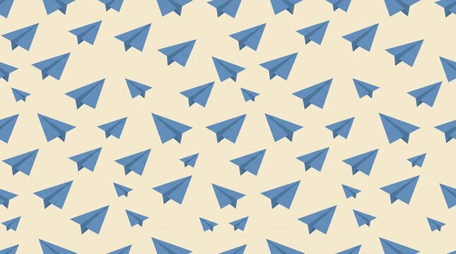 Minimalist paper plane pattern with blue origami aircraft on beige background. Seamless paper plane wallpaper for travel and startup branding. Creative paper plane design for digital marketing.