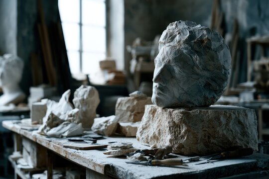 Classic artist workshop with stone sculptures and tools