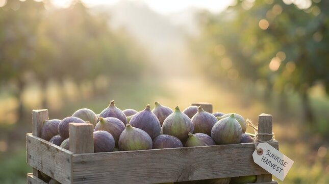 Freshly harvested crate overflowing with dew covered figs
