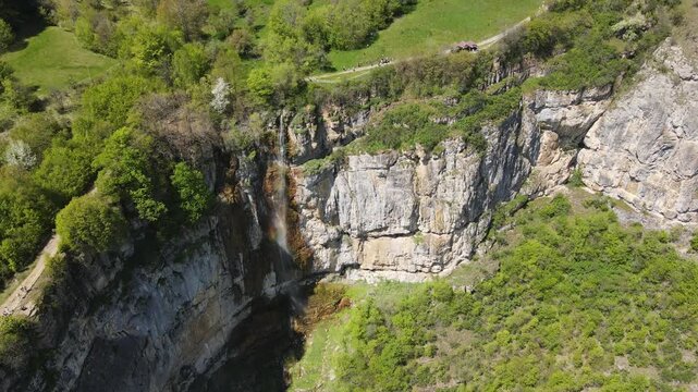 Aerial view of Skaklya Waterfall near village of Zasele, Balkan Mountains, Bulgaria
