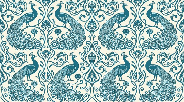 Vintage peacock damask pattern, elegant teal bird wallpaper with ornate floral scrolls, luxury peacock textile design for interior decor, classic victorian damask motif for high-end fabric print.