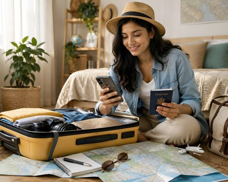 Young woman traveler preparing for trip checking smartphone with passport and luggage traveler passport smartphone vacation adventure checking