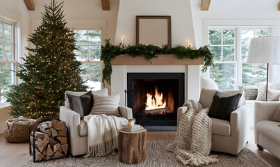 Fototapeta premium cozy winter living room with a fireplace, white walls, and neutral decorations, featuring comfortable armchairs with soft blankets, a wood stack, and a Christmas tree