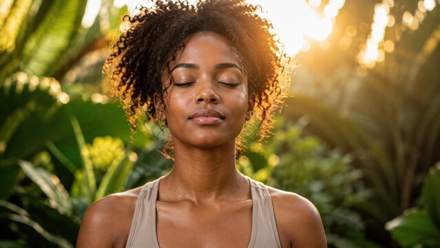 Woman practicing meditation outdoors in nature with closed eyes, representing mindfulness, relaxation, mental wellness, inner peace, balance and self care