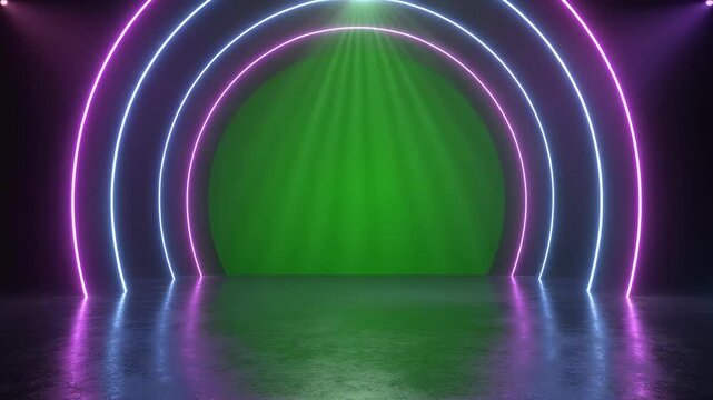 Abstract neon archways with green spotlight and reflections on a dark stage during a dynamic light show