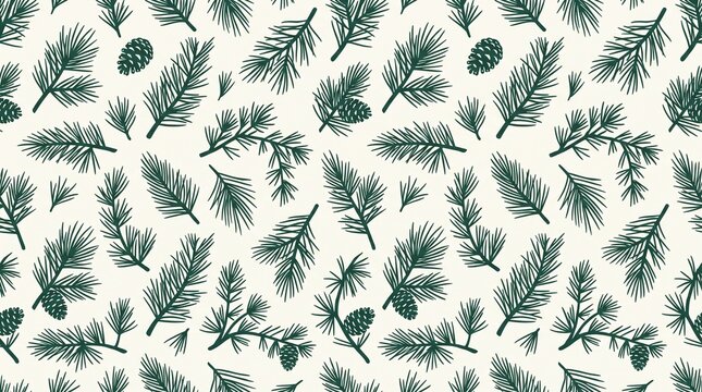 Vintage pine branch seamless pattern with green needles and pinecones on beige background. Winter forest botanical texture for holiday gift wrap. Rustic evergreen foliage wallpaper for Christmas.