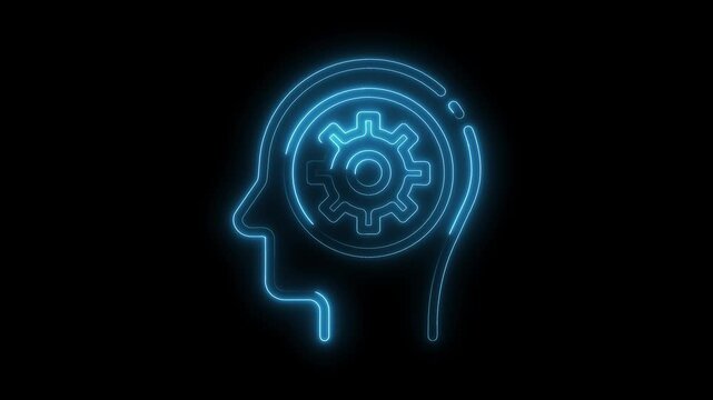 Blue neon head with gear inside brain representing idea generation and thinking process