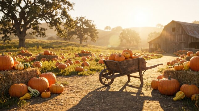 Rustic autumn pumpkin patch at sunset with vintage wooden wheelbarrow. Golden hour farm landscape featuring orange pumpkins and old barn. Seasonal harvest background for thanksgiving and fall