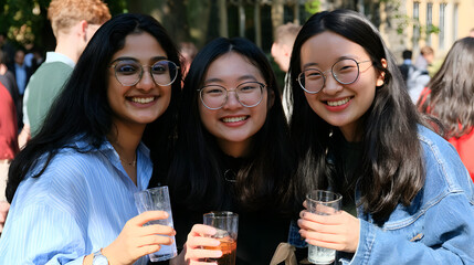 Obraz premium three students with smiles, Indian and Chinese women of dark hair and wearing glasses, all together holding drinks during a university event on a British campus, capturing the lively college atmospher