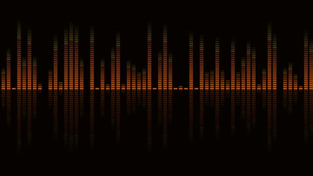 Digital audio equalizer bars displaying rhythmic volume levels with motion graphics against dark background.
