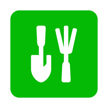Logo herramientas agr&iacute;colas. Icono con dibujo sencillo con la silueta de un rastrillo y una pala de jardiner&iacute;a en aspa en un cuadrado de color verde. Archivo PNG con transparencia