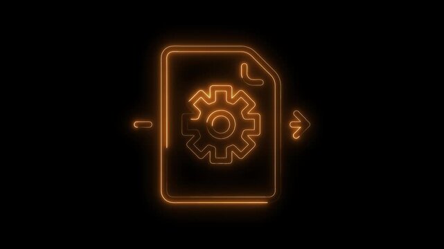 Digital data migration glowing concept with gear inside file symbol animated on black background