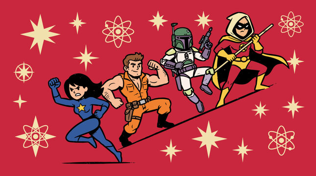 Superheroes in dynamic poses displayed in a retro comic book art style.