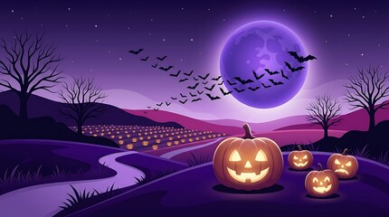 Fototapeta premium Halloween night landscape with glowing pumpkins, flying bats, and a large full moon in a purple sky