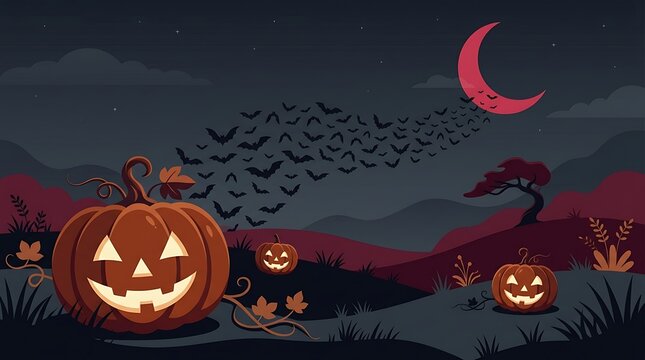 Halloween background with jackolanterns, bats, and a red crescent moon in a dark night landscape