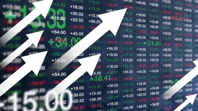 株価上昇を示す矢印と金融市場の株価データ