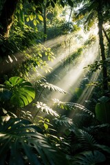Obraz premium Sunlight beams shine through dense tropical jungle leaves. Green foliage, large monstera plants grow in rainforest. Bright rays illuminate forest floor in misty morning light. Exotic nature scenery
