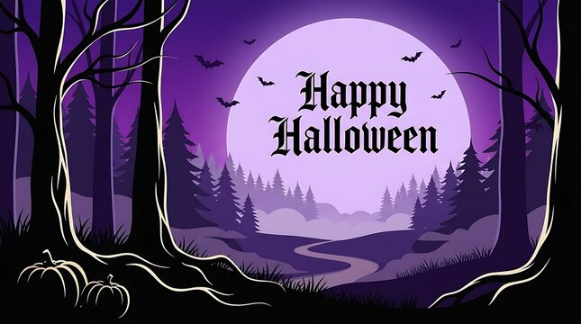 Happy halloween greeting card with a spooky forest landscape, full moon, bats, and pumpkins in a flat vector illustration style