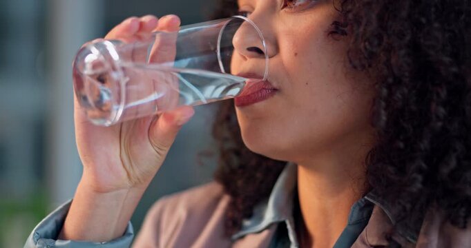 Business, woman and drinking with water in office for hydration, refreshment or sustainability. Thirsty, female person or employee with smile or mineral liquid for healthy aqua beverage in workplace
