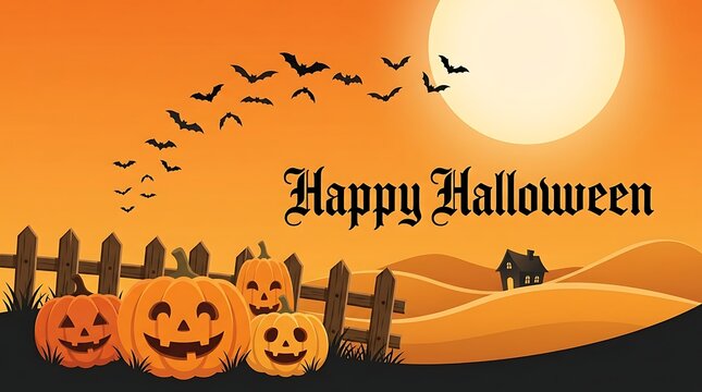 Happy halloween banner with jackolanterns, bats, and full moon in an orange landscape