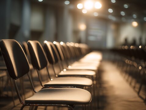 Empty auditorium chairs in a row, illuminated by soft light, creating a sense of anticipation for an event or presentation.