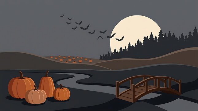 Halloween landscape with pumpkins, a wooden bridge over a stream, and bats flying in front of a full moon in a dark night sky
