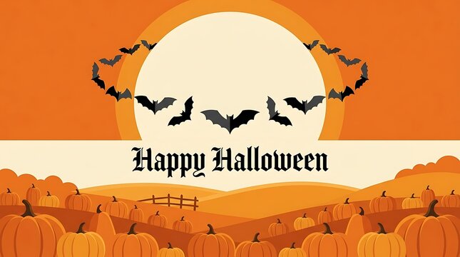 Happy halloween greeting card with a pumpkin patch, a full moon, and flying bats in an orange sky