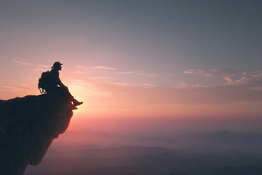 Silhouette of a lone traveler sitting on a cliff edge, watching the sunrise over a vast landscape.