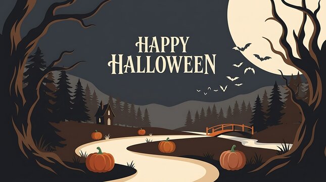 Happy halloween banner with a spooky forest, a winding path, pumpkins, a bridge, and bats flying by a full moon