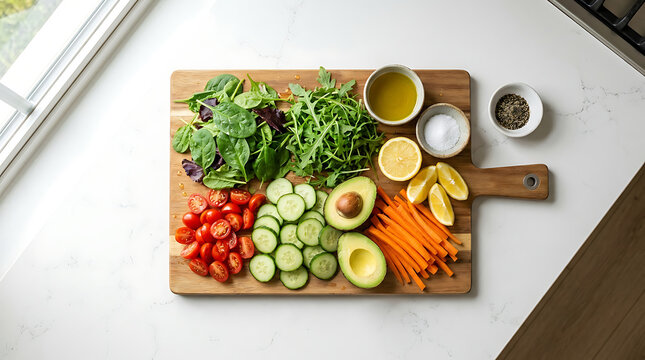 Fresh salad ingredients on a wooden cutting board for healthy meal preparation