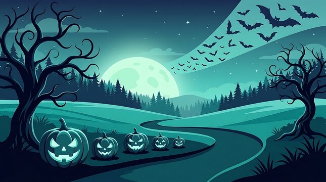 Spooky halloween night landscape with glowing pumpkins, a swarm of bats, and a large full moon