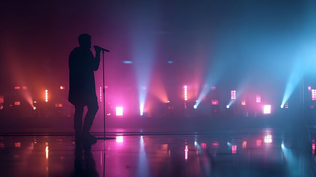 Silhouette of a singer performing on stage under vibrant pink and blue spotlights.