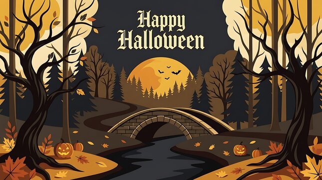 Happy halloween forest landscape with stone bridge, pumpkins, and full moon spooky autumn scene with bare trees, river, and flying bats