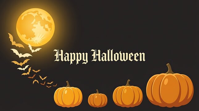 Halloween background with a glowing full moon, a flock of bats, and a row of orange pumpkins, featuring a festive holiday theme