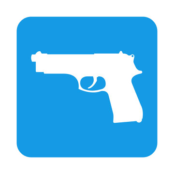 Icono con dibujo sencillo de la silueta de una pistola semiautom&aacute;tica en un cuadrado de color azul. Archivo PNG con transparencia