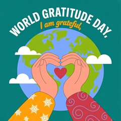 Naklejka premium Hands forming a heart shape over the planet Earth celebrate World Gratitude Day with a message of appreciation.