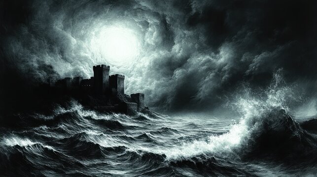 Stormy castle on a dark sea, full moon