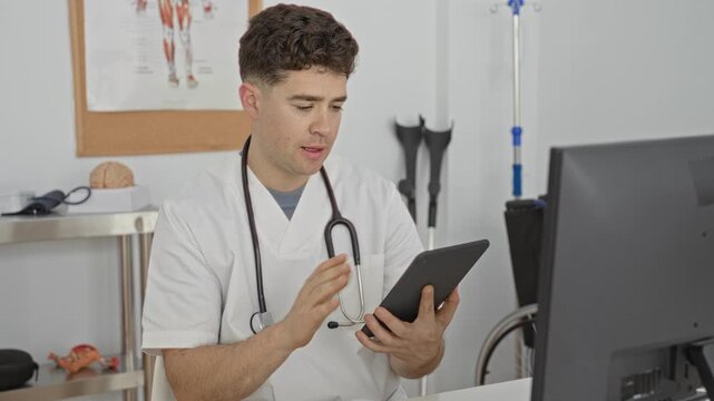Man doctor tapping tablet with hand at desk in medical building, stethoscope visible, computer monitor nearby; focused care.