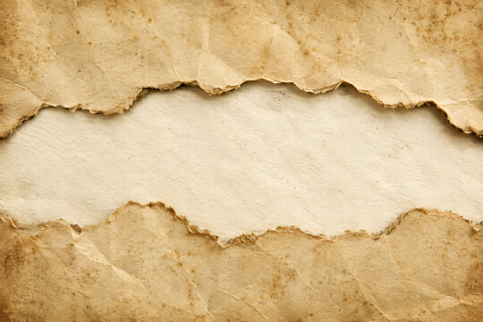 Vintage torn paper background, antique parchment with ripped edges, weathered tan paper frame for scrapbooking and design