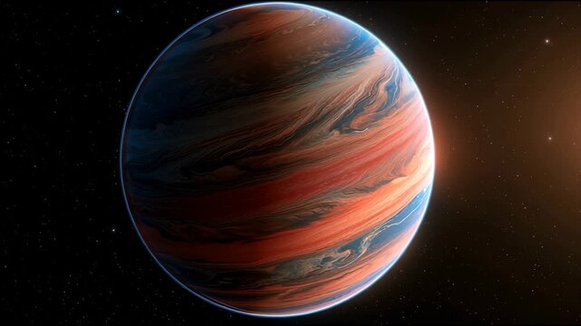 A giant planet with swirling colorful bands rotates slowly in space, revealing its unique features and colors from different angles.