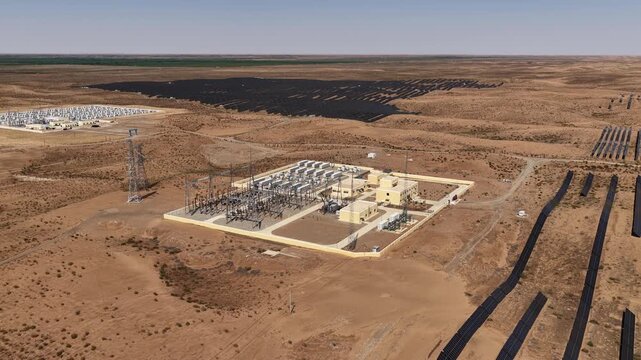 Aerial View of Utility-Scale Battery Energy Storage System and Substation in Arid Northwest China Desert