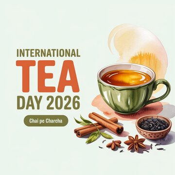 International Tea Day graphic displays a warm cup of spiced chai alongside cinnamon sticks, star anise, and loose black tea leaves rendered in soft watercolor textures on a light backdrop.