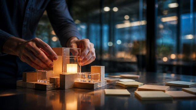 Acrylic and wood prototype blocks with glowing center for startup innovation planning