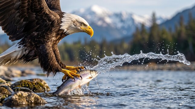 Bald Eagle Catching Fish in Mountain River