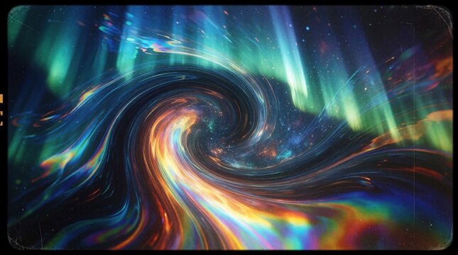 Abstract cosmic swirl with vibrant colors like aurora borealis. Energetic motion flows through galaxy space. Digital art blends light and dark creating stunning visuals.