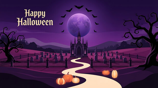 Spooky halloween night scene with a castle graveyard and full moon backdrop