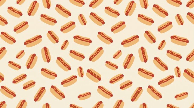 Seamless hot dog pattern with grilled sausages in buns on beige background. Repeating fast food texture for restaurant menus and packaging. Retro style hotdog wallpaper for diner decor themes.