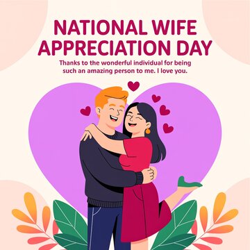 Couple embracing affectionately inside a vibrant purple heart for National Wife Appreciation Day with pastel background.