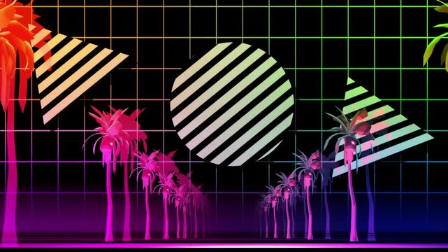Colorful retro palms and floating geometric shapes on a neon grid.