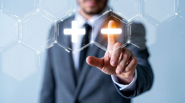 Businessman making a decision, choosing between glowing plus and minus icons on a transparent futuristic interface